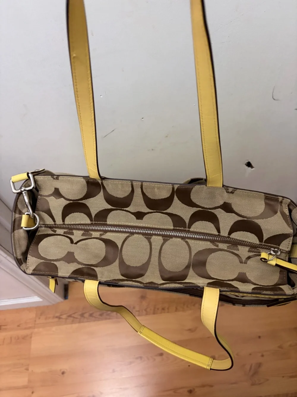 Coach Brown Signature Canvas Tote with Yellow Trim